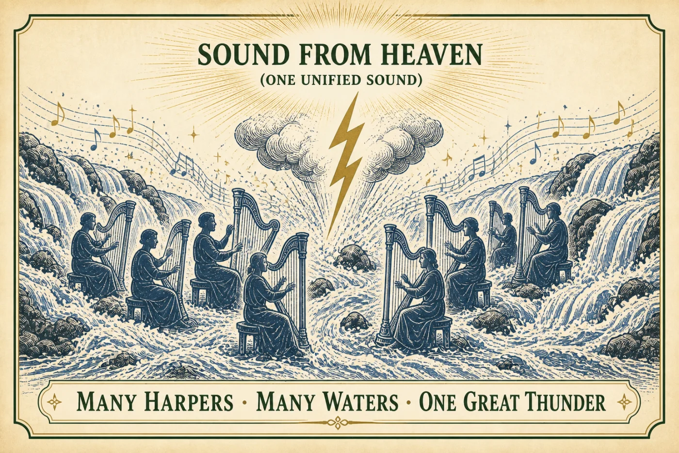 The alternate interpretation of many harpists, many waters, and one great thunder as one unified sound