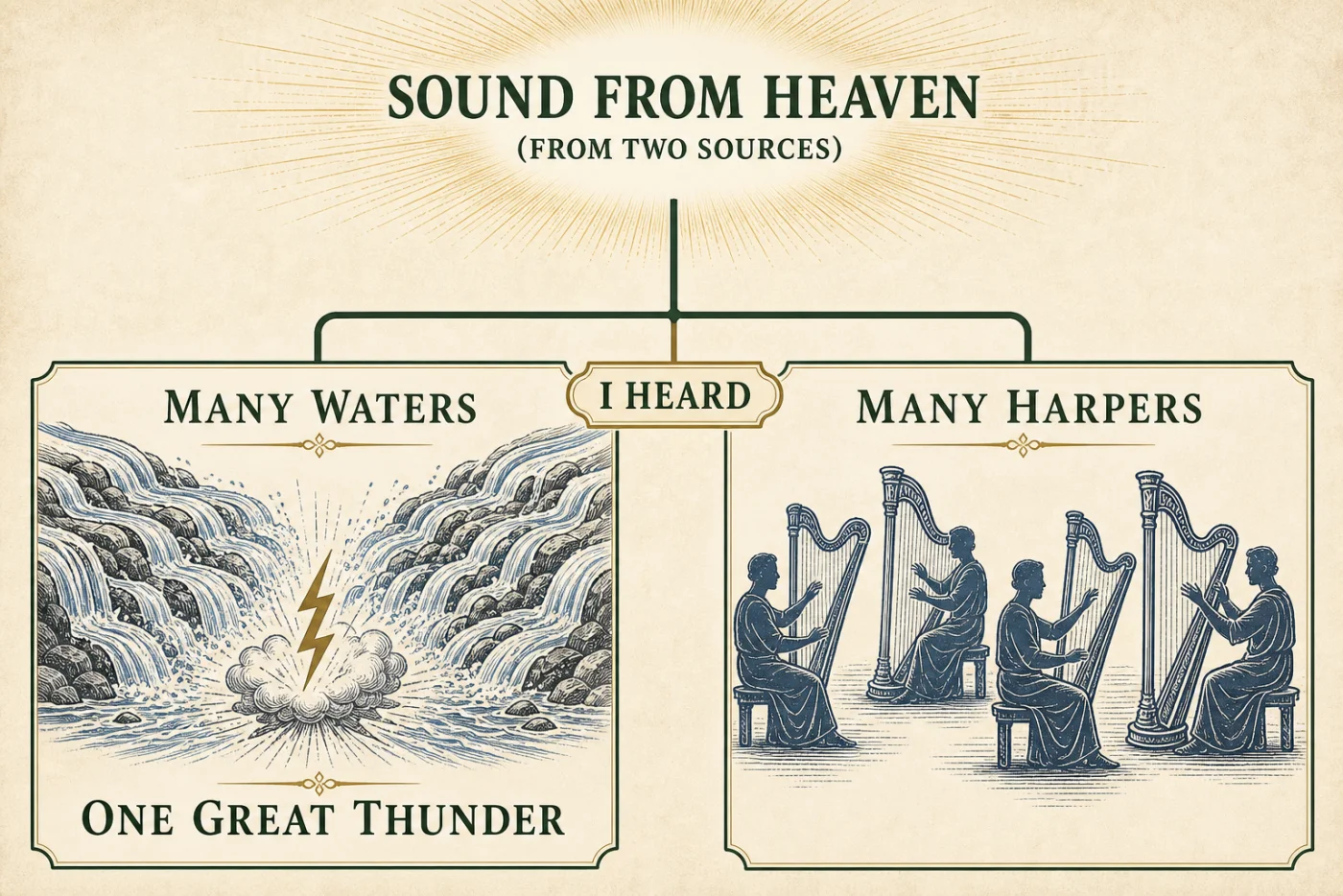 One sound from heaven divided by “I heard” into many waters with one great thunder and many harpists